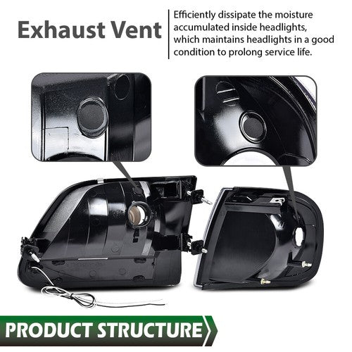 Solid Spare Fit For 97-04 Ford F150 Black/Smoked LED Strip Headlights Headlamps LH+RH