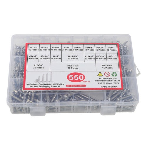Solid Spare 550Pcs 304 stainless steel wood screws kits #4 #6 #8 #10 #12 countersunk Silver