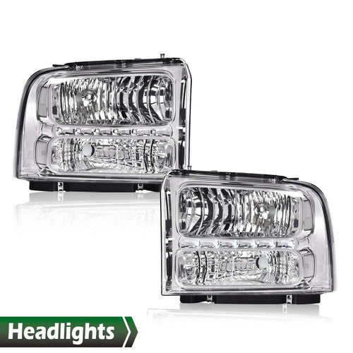 Solid Spare Fit For 05-07 F250 F350 F450 F550 Super Duty Clear Chrome LED DRL Headlights