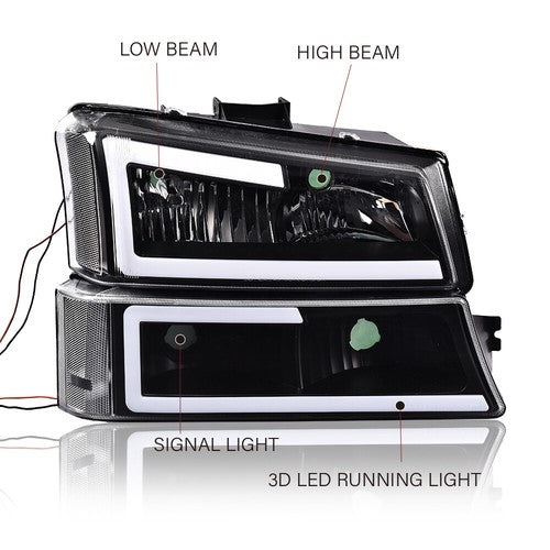 Solid Spare Fit For 2003-2007 Silverado LED DRL Clear Reflector Black Housing Headlights