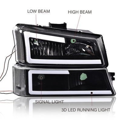 Solid Spare Fit For 2003-2007 Silverado LED DRL Clear Reflector Black Housing Headlights