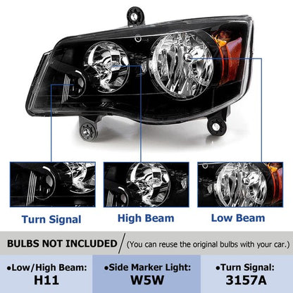 Solid Spare 2Pcs Headlights For 2011-20 Dodge Grand Caravan 2008-16 Chrysler Town & Country