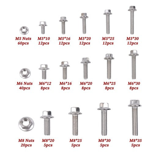 Solid Spare 240 pieces of M5, M6, M8 Flanged 304 Stainless Steel Bolts and Nuts Kit