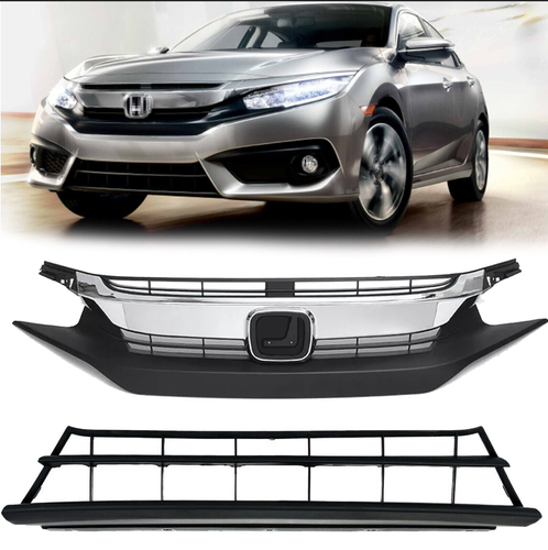 For 2016 2017 2018 Honda Civic Front Bumper Upper Lower Grille Grill Chrome