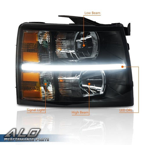 Solid Spare LED DRL Headlights Amber Black Fit For 2007-2014 Chevy Silverado 1500 2500 3500