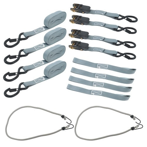 Solid Spare 4 Pack Ratchet Strap Polyester Gray 2200lbs 1in*15ft S Hook 36' Stretch Cord*2