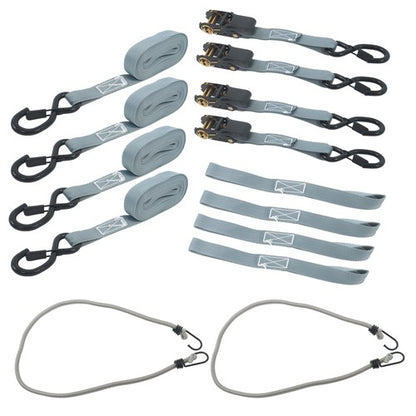 Solid Spare 4 Pack Ratchet Strap Polyester Gray 2200lbs 1in*15ft S Hook 36' Stretch Cord*2