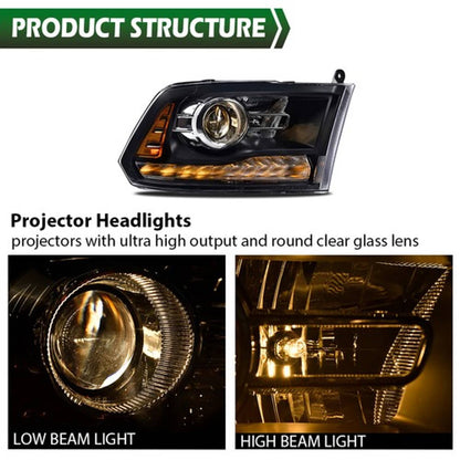 Solid Spare Fit For 2009-2018 Dodge Ram 1500 2500 3500 Black Projector Headlights w/ LED DRL