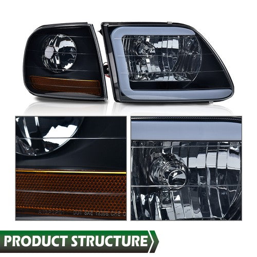 Solid Spare LED Tube Headlights & Corner Parking Lights Smoke Fit For 97-04 F150 Expedition
