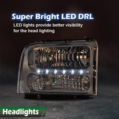 Solid Spare Fit For 05-07 F250 F350 F450 F550 Super Duty Clear Chrome LED DRL Headlights