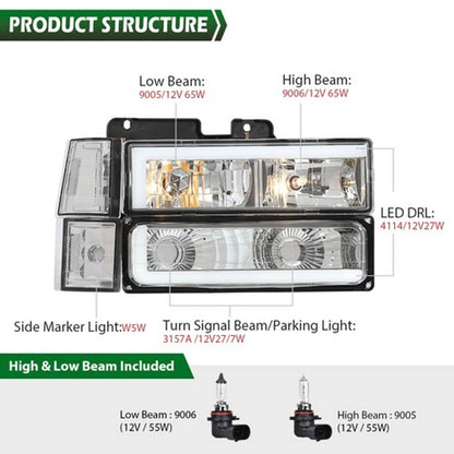 Solid Spare Fit For 94-00 C/K Suburban Clear Corner Chrome LED DRL Headlights Bumper Lamps
