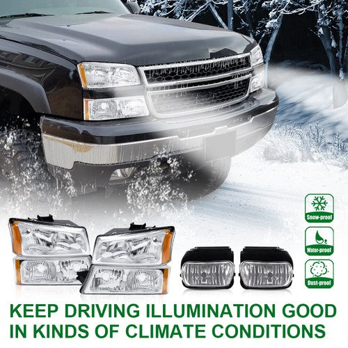 Solid Spare Amber/Chrome Headlights+Fog Lights Fit For 2003-2007 Chevy Silverado Avalanche