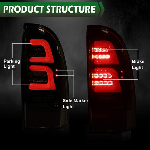 Solid Spare LED Tube Tail Lights Brake Lamps Clear/Black Fit For 2005-2015 Toyota Tacoma