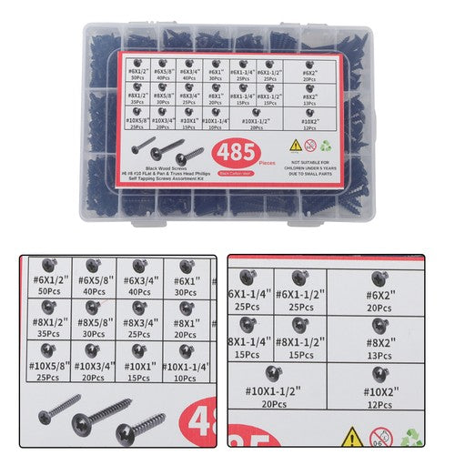 Solid Spare 485Pcs Black Wood Screws Assortment Kit, #6#8#10 round Head,Truss Head,Flat Head