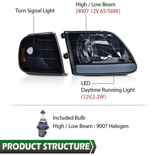 Solid Spare Fit For 97-04 Ford F150 Black/Smoked LED Strip Headlights Headlamps LH+RH