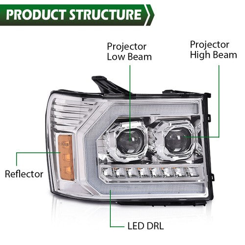 Solid Spare LED DRL Tube Projector Chrome Headlights Fit For 07-13 GMC Sierra 1500 2500HD