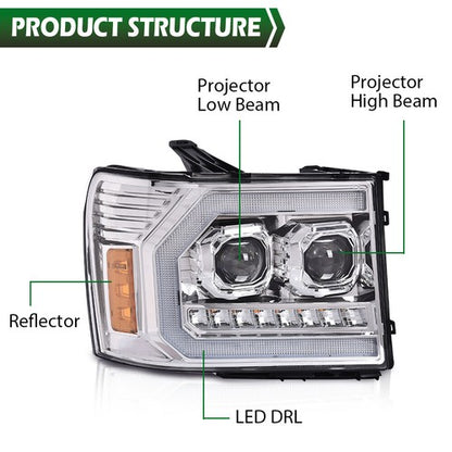 Solid Spare LED DRL Tube Projector Chrome Headlights Fit For 07-13 GMC Sierra 1500 2500HD