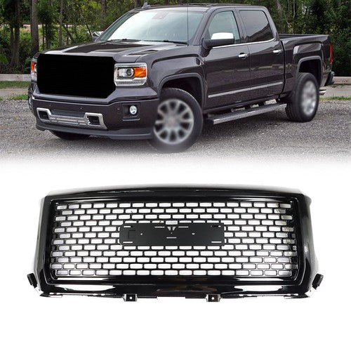 Solid Spare Glossy Black Front Hood Mesh Grille Replacement For GMC Sierra 1500 2014 2015