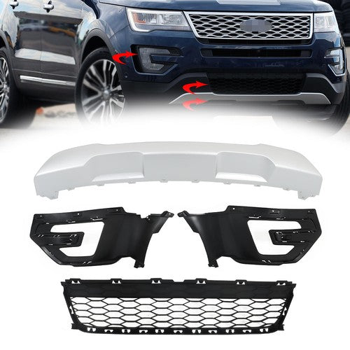 Solid Spare Compatible For 2016-2017 Ford Explorer Front Grille+Fog Light Frame*2+Skid Plate