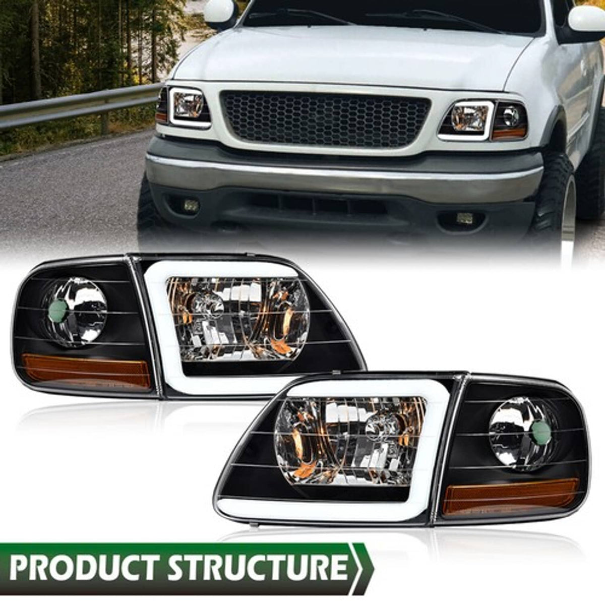 Solid Spare Fit For 97-04 F-150 Expedition LED DRL Headlights & Corner Lights Black/Clear