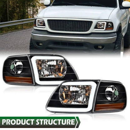 Solid Spare Fit For 97-04 F-150 Expedition LED DRL Headlights & Corner Lights Black/Clear