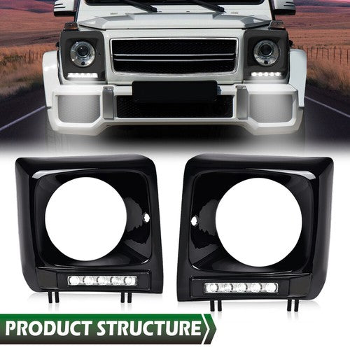 Solid Spare Fit For 1990-2018 Benz W463 G63 Wagon G500 Black Headlight Trim Bezel w/ LED DRL