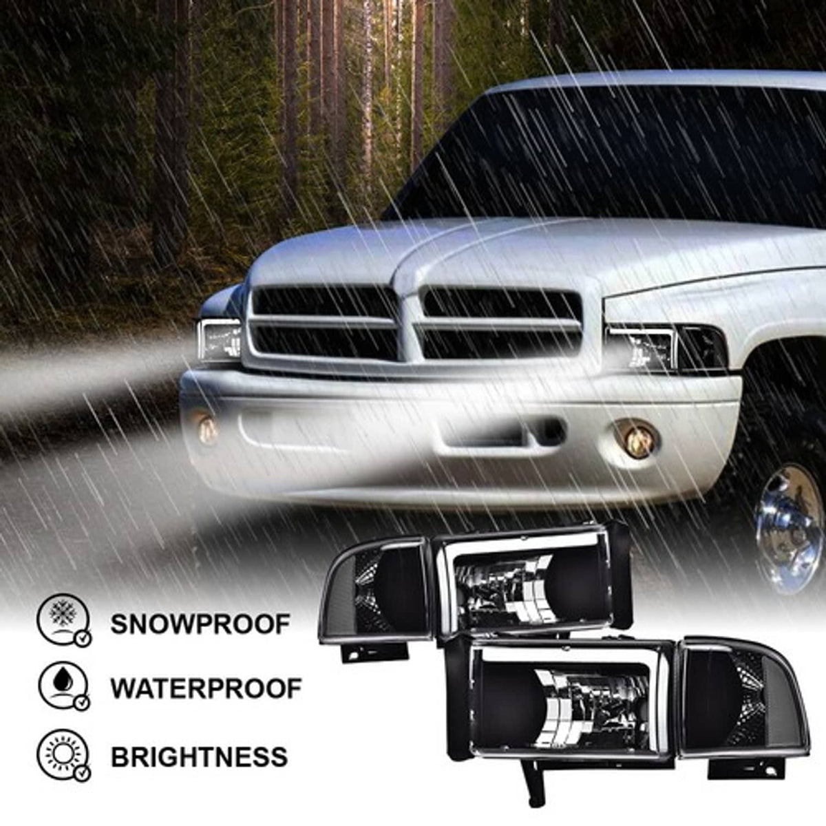 Solid Spare Fit For 94-02 Dodge Ram 1500 2500 3500 LED DRL Clear Corner Black Headlights