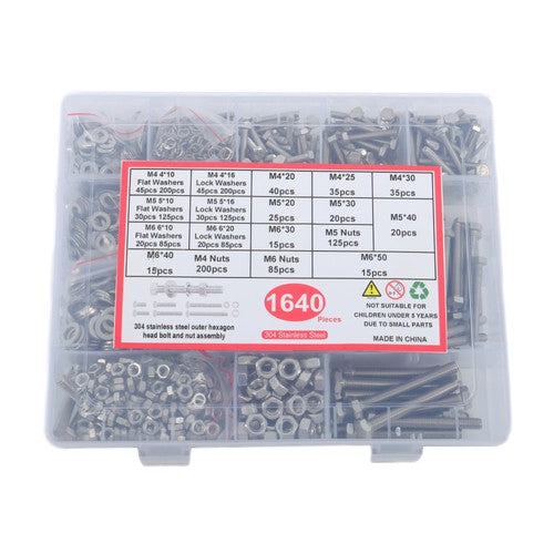 Solid Spare 1640PCS M4 M5 M6 Heavy Duty Bolts and Nuts Flat & Lock Washers Assortment Kit