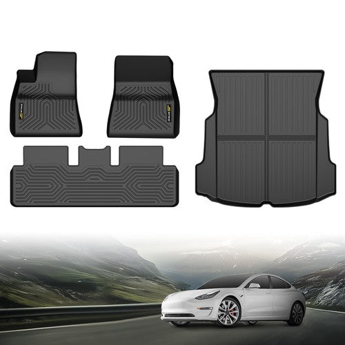 Solid Spare Fit For 2017-2023 Tesla Model 3 All Weather TPE Floor Mats Cargo Liner Full Set
