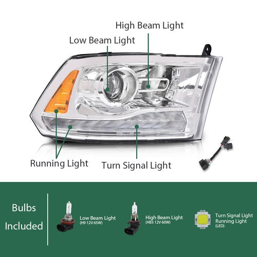 Solid Spare LED DRL Projector Headlights w/ Harness Fit For 09-18 Ram 1500 2500 3500 Clear