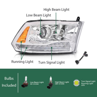 Solid Spare LED DRL Projector Headlights w/ Harness Fit For 09-18 Ram 1500 2500 3500 Clear