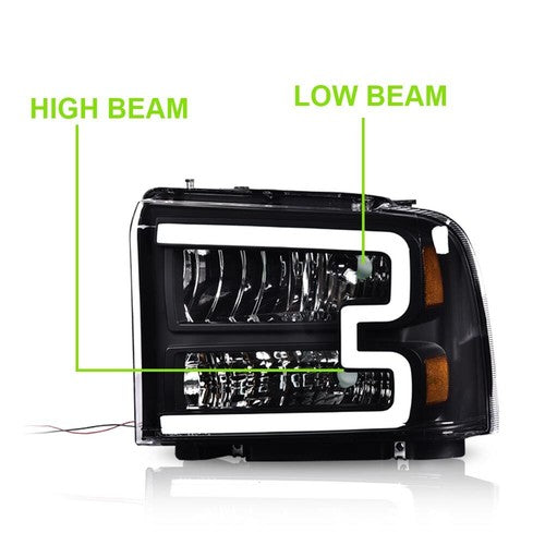 Solid Spare LED DRL Black Headlights Fit For 2005-2007 Ford F250 F350 F450 F550 Super Duty