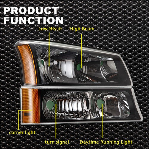 Solid Spare Fit For 2003-2006 Chevy Silverado Clear/Black Amber Signal Headlights Headlamps