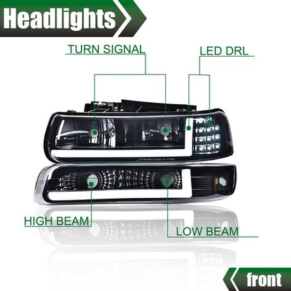 Solid Spare LED DRL Headlights+Bumper Lamps Black Fit For 99-02 Chevy Silverado 00-06 Tahoe