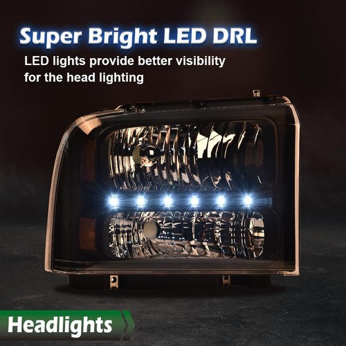 Solid Spare Fit For 2005-2007 Ford F250 F350 F450 F550 Super Duty LED DRL Headlights Black