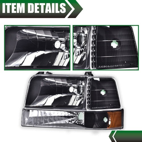 Solid Spare Fit For 1992-1996 Ford F150 F250 F350 Bronco Amber Reflector Black Headlights