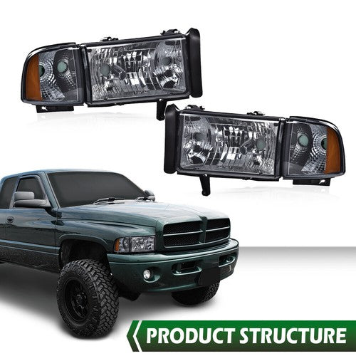 Solid Spare Amber Corner Smoke Headlights Assembly Fit For 94-02 Dodge Ram 1500 2500 3500
