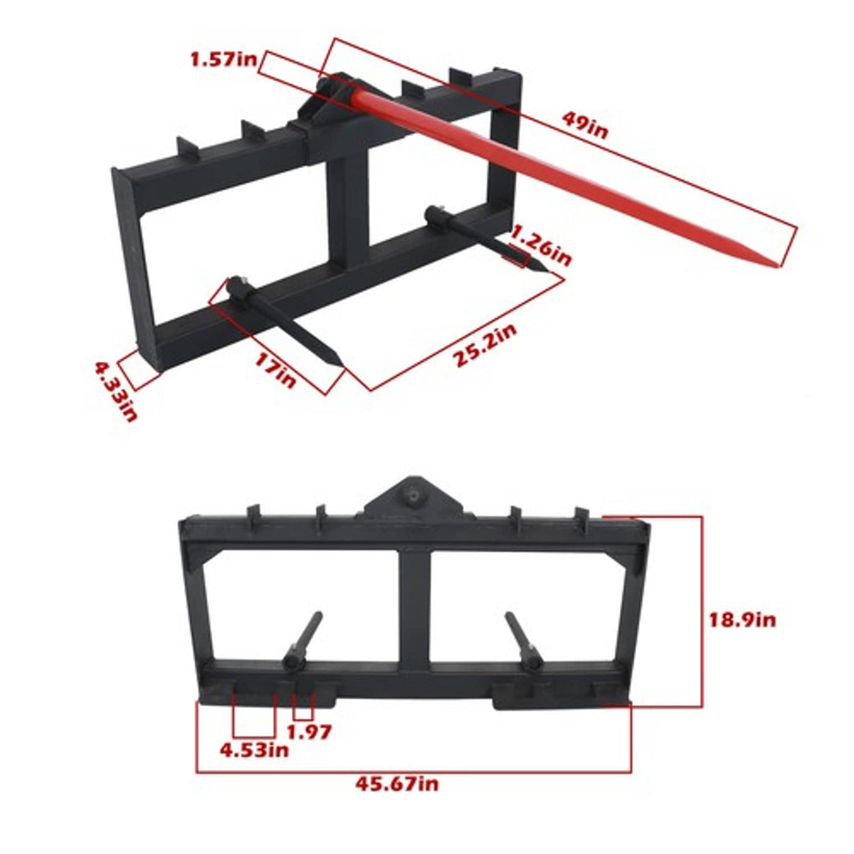 Solid Spare Skid Steer 49" Hay Bale Spear Attachment Heavy Duty Tractor Bale Handling Hitch