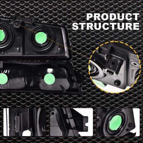 Solid Spare Black Headlights+Clear Reflector Signal Bumper Lamps Fit For 2003-2006 Silverado