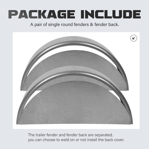 Solid Spare 1 Pair Round Single Axle Trailer Fenders & Backs For 14"-16" Wheels