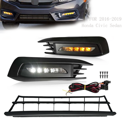 For 2016-2018 Honda Civic Sedan Front Bumper Lower Grille & DRL Fog Light Lamp