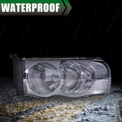 Solid Spare Fit For 02-2005 Dodge Ram 1500 2500 3500 Smoke Lens Chrome Headlights Left+Right