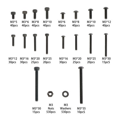 Solid Spare 1590Pcs M3 Screw Kit with Hex Button & Socket Head Bolts, Nuts and Washers