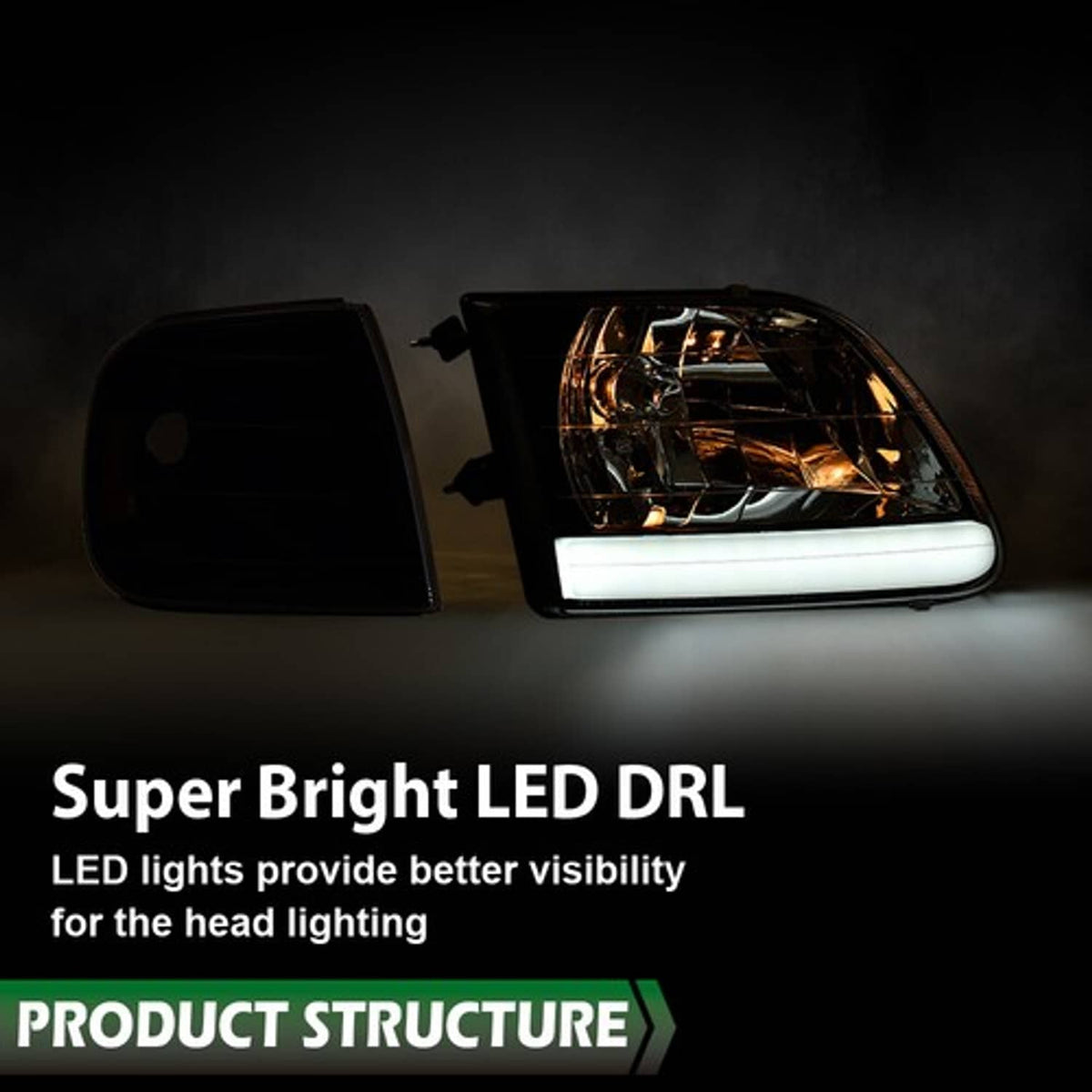 Solid Spare Fit For 97-03 Ford F150/99-02 Expedition LED Tube Headlights+Corner Lights Black