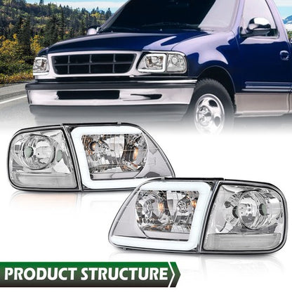 Solid Spare Chrome LED DRL Headlights+Corner Lights Fit For 97-03 Ford F150/99-02 Expedition