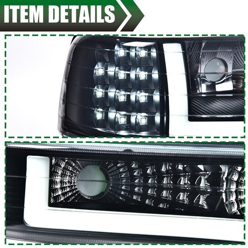Solid Spare LED DRL Headlights+Bumper Lamps Black Fit For 99-02 Chevy Silverado 00-06 Tahoe