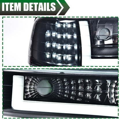 Solid Spare LED DRL Headlights+Bumper Lamps Black Fit For 99-02 Chevy Silverado 00-06 Tahoe