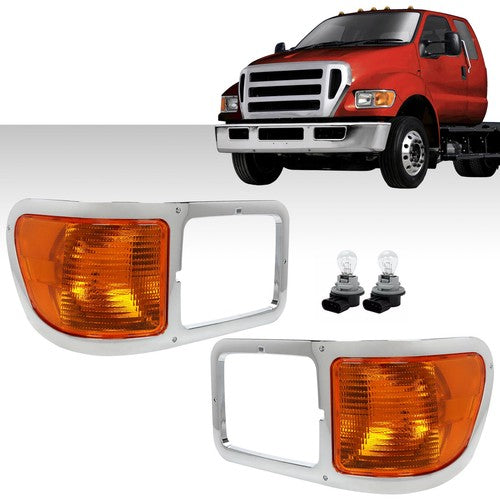 Solid Spare Fit For 00-15 Ford F650 F750 Pair Headlight Bezel Trim Driver Passenger W/Bulbs