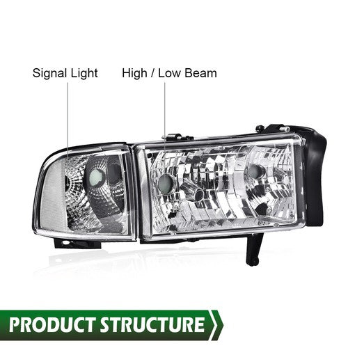 Solid Spare Clear Corner Chrome Headlights Assembly Fit For 94-02 Dodge Ram 1500 2500 3500