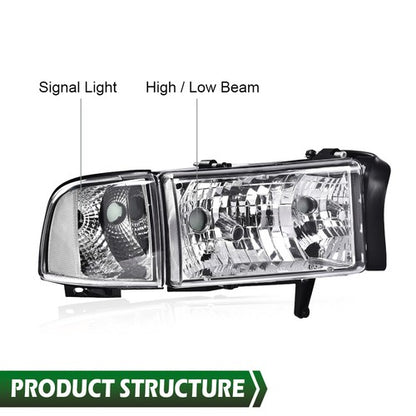 Solid Spare Clear Corner Chrome Headlights Assembly Fit For 94-02 Dodge Ram 1500 2500 3500